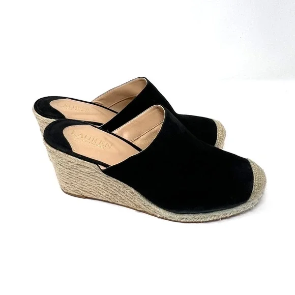 Lauren Ralph Lauren Espadrilles Pennie Black Suede Fashion Wedges Size 10 - Picture 4 of 8